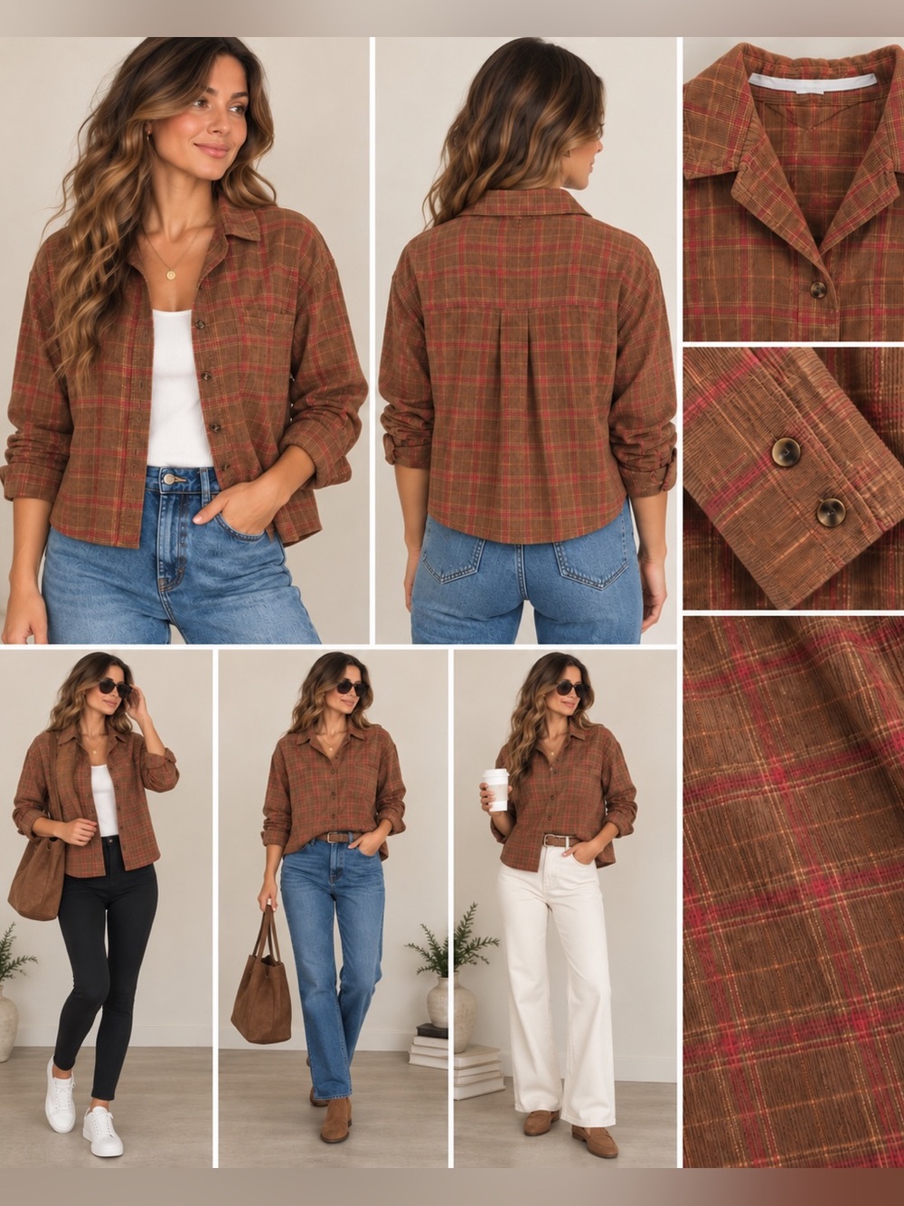 Ivy Jane Brown Plaid Corduroy Button Down Shirt 100% Cotton Boho